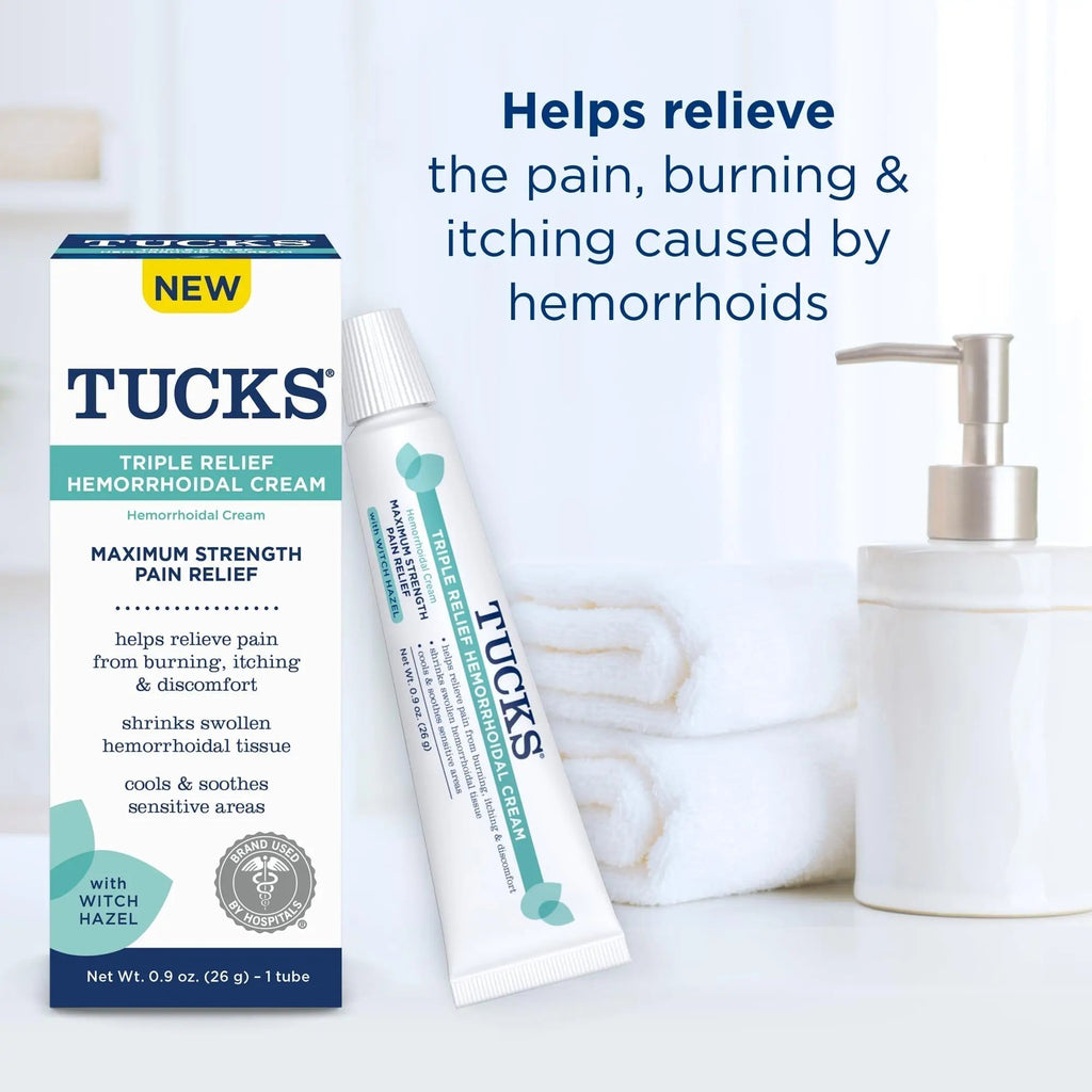 Tucks Triple Relief Hemorrhoidal Cream, Maximum Strength Pain Relief from Burning, Itching and Discomfort, with Witch Hazel, Treatment, Brand Used by Hospitals, 0.9oz. (26g) - TrustMedUSA