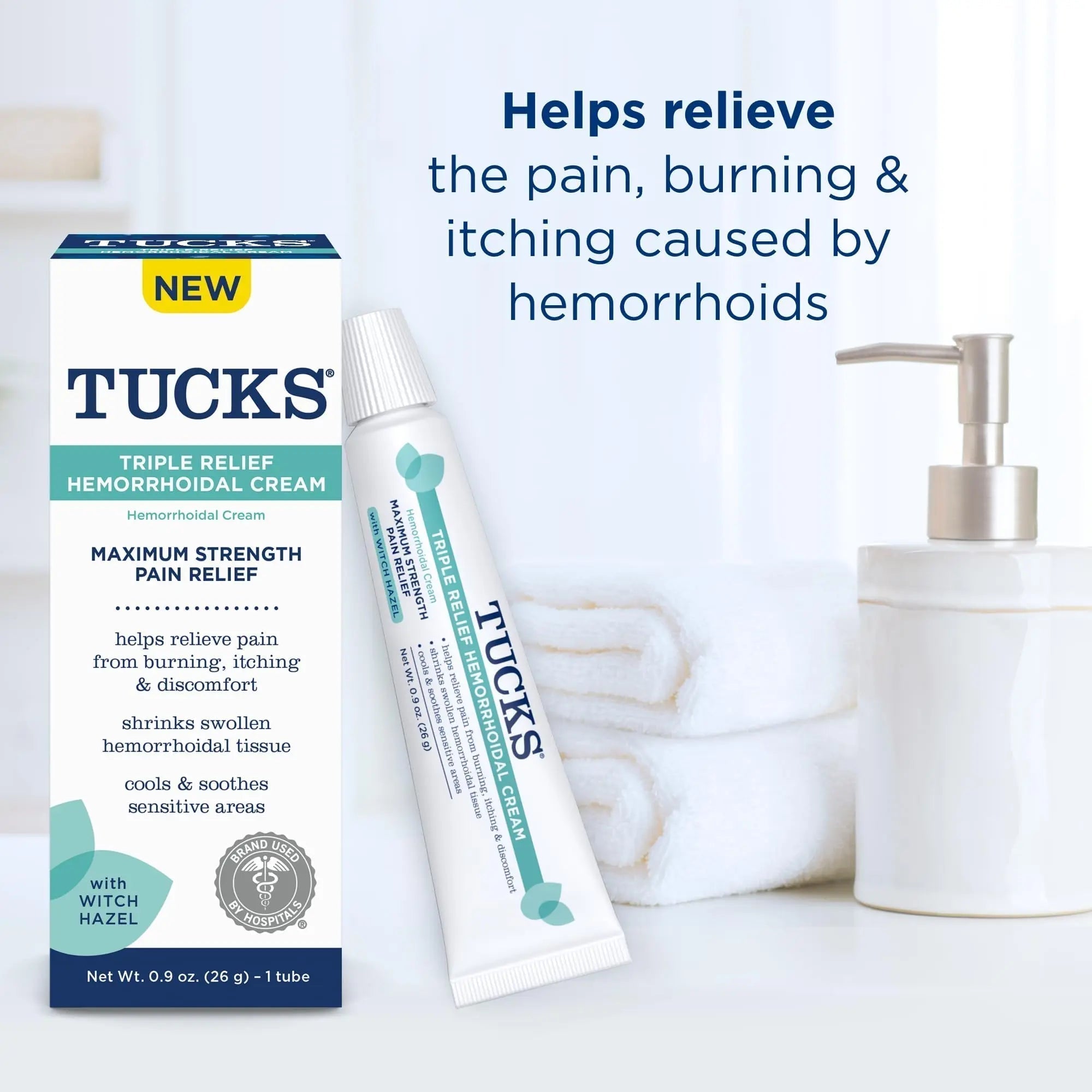 Tucks Triple Relief Hemorrhoidal Cream, Maximum Strength Pain Relief from Burning, Itching and Discomfort, with Witch Hazel, Treatment, Brand Used by Hospitals, 0.9oz. (26g) - TrustMedUSA