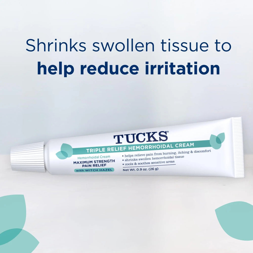 Tucks Triple Relief Hemorrhoidal Cream, Maximum Strength Pain Relief from Burning, Itching and Discomfort, with Witch Hazel, Treatment, Brand Used by Hospitals, 0.9oz. (26g) - TrustMedUSA