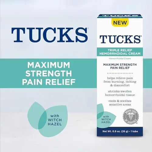 Tucks Triple Relief Hemorrhoidal Cream, Maximum Strength Pain Relief from Burning, Itching and Discomfort, with Witch Hazel, Treatment, Brand Used by Hospitals, 0.9oz. (26g) - TrustMedUSA