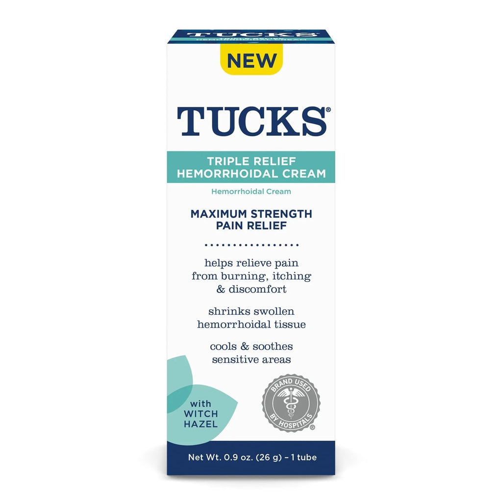 Tucks Triple Relief Hemorrhoidal Cream, Maximum Strength Pain Relief from Burning, Itching and Discomfort, with Witch Hazel, Treatment, Brand Used by Hospitals, 0.9oz. (26g) - TrustMedUSA