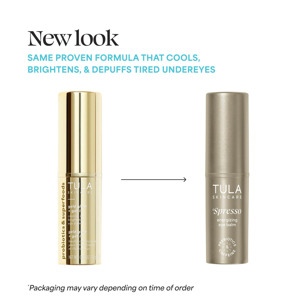 TULA Skin Care ‘Spresso Energizing Eye Balm, Gold Glow - Energizing & Hydrating Caffeine Under Eye Treatment for Dark Circles, Portable and Perfect to Use On-the-go, 0.35 oz. - TrustMedUSA