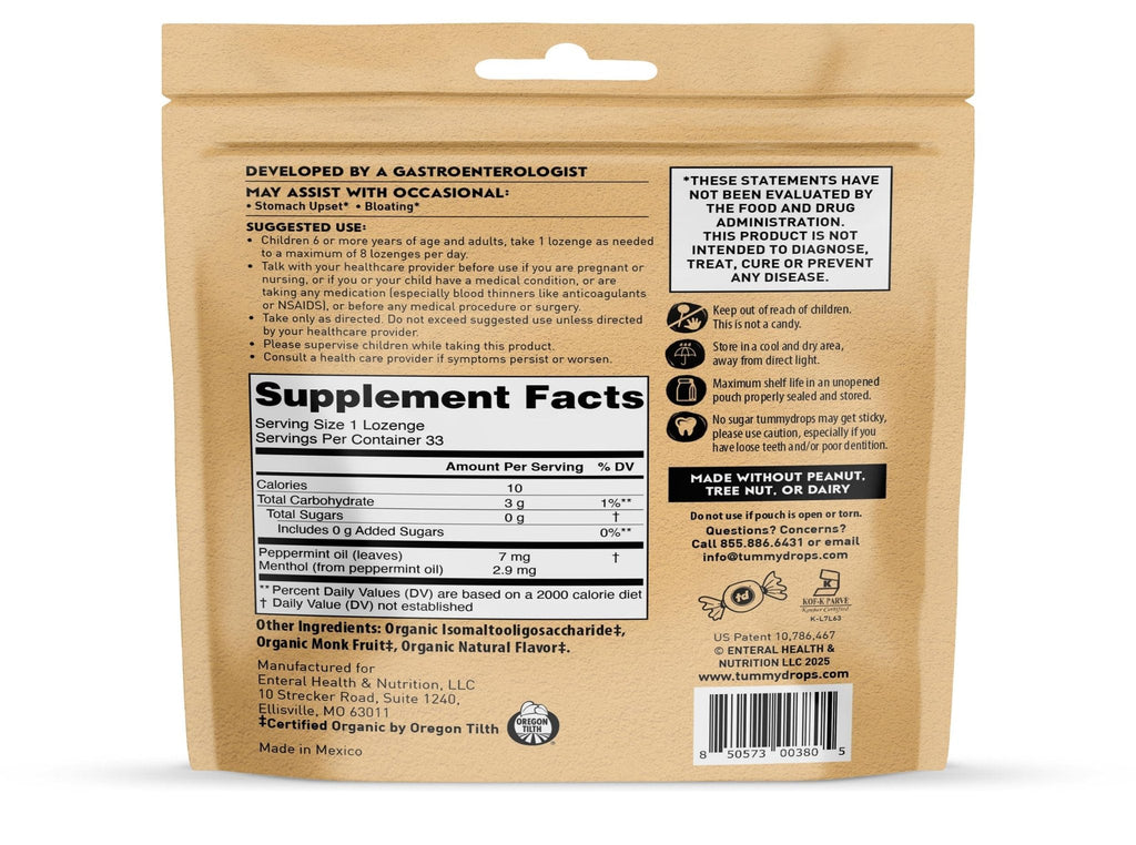 tummy drops No Sugar Crushed Peppermint Flavor, Gluten Free & Vegan, 33 Individually Wrapped Pure Peppermint Oil Lozenges Made with Organic Monkfruit - Maple Wellness Supplements