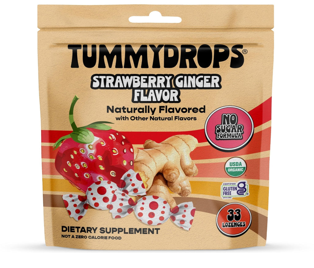 Tummydrops, No Sugar Strawberry Ginger Flavor, Gluten Free & Vegan, 33 Individually Wrapped Organic Ginger Lozenges Made with Organic Monkfruit - Maple Wellness Supplements