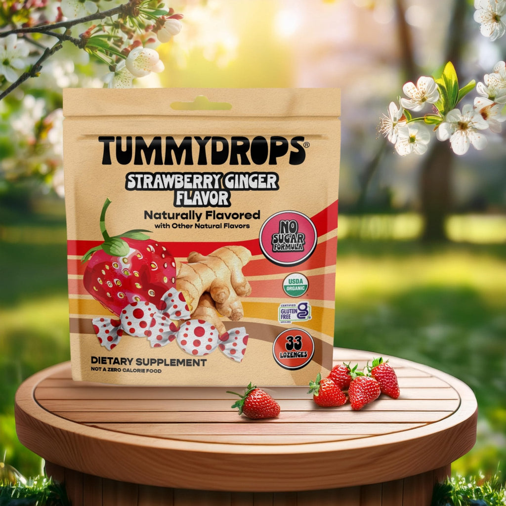 Tummydrops, No Sugar Strawberry Ginger Flavor, Gluten Free & Vegan, 33 Individually Wrapped Organic Ginger Lozenges Made with Organic Monkfruit - Maple Wellness Supplements
