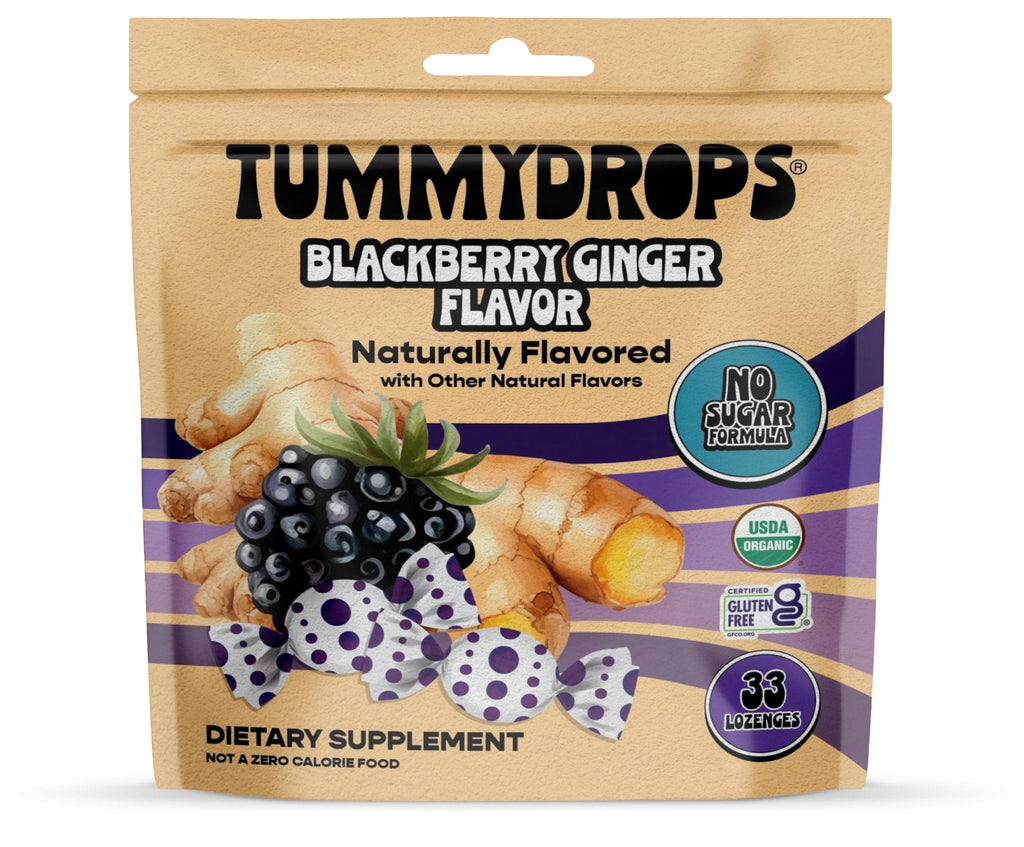 Tummydrops, No Sugar Sweet Blackberry Ginger Flavor, Gluten Free & Vegan, 33 Individually Wrapped Organic Ginger Lozenges Made with Organic Monkfruit - Maple Wellness Supplements