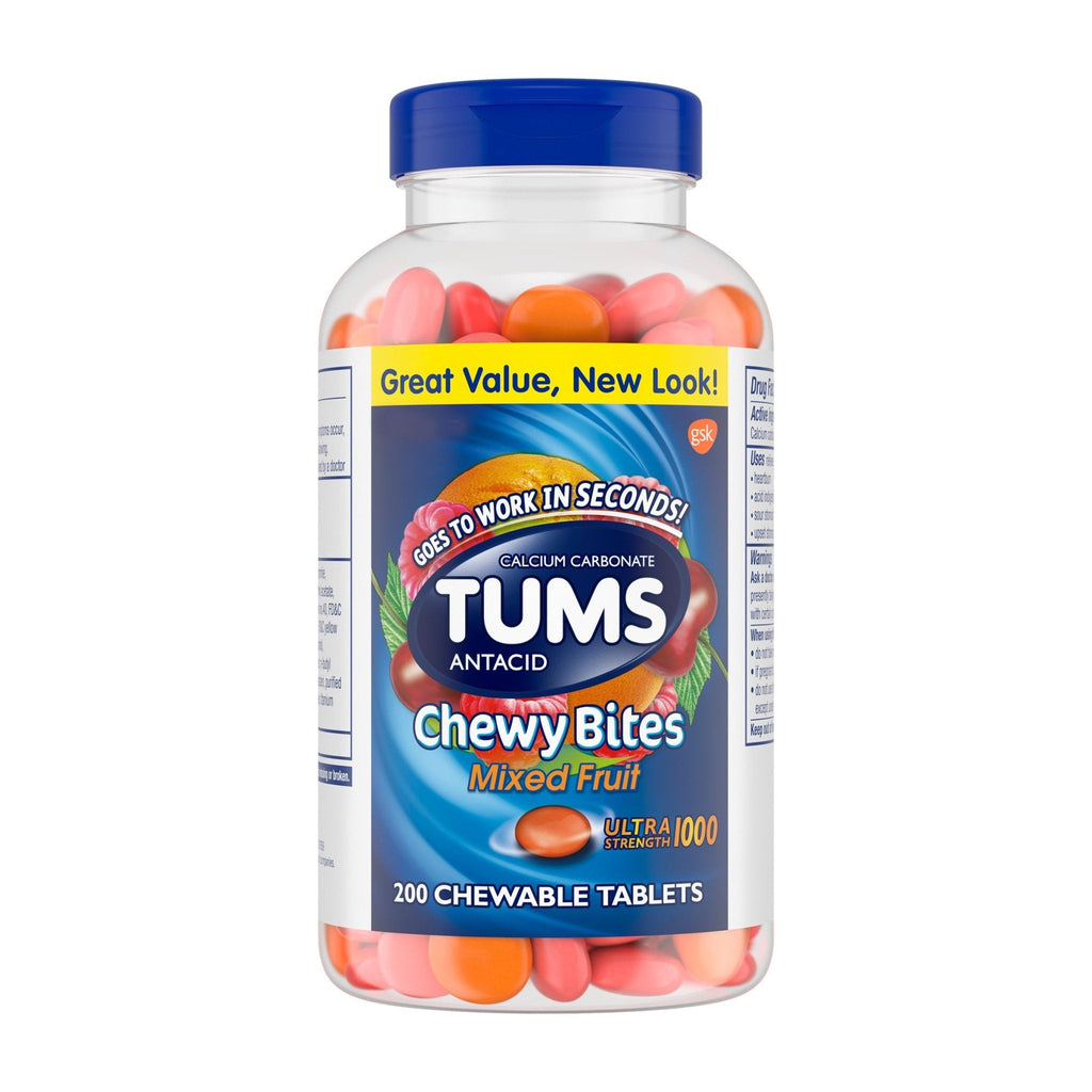 TUMS Chewy Bites Chewable Antacid Tablets for Ultra Strength Heartburn Relief, Great for a Summer BBQ- Mixed Fruit - 200 Count - Maple Wellness Supplements