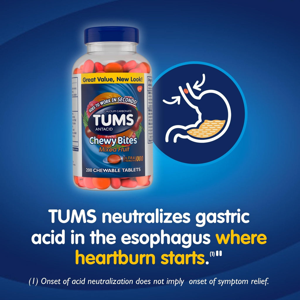 TUMS Chewy Bites Chewable Antacid Tablets for Ultra Strength Heartburn Relief, Great for a Summer BBQ- Mixed Fruit - 200 Count - Maple Wellness Supplements
