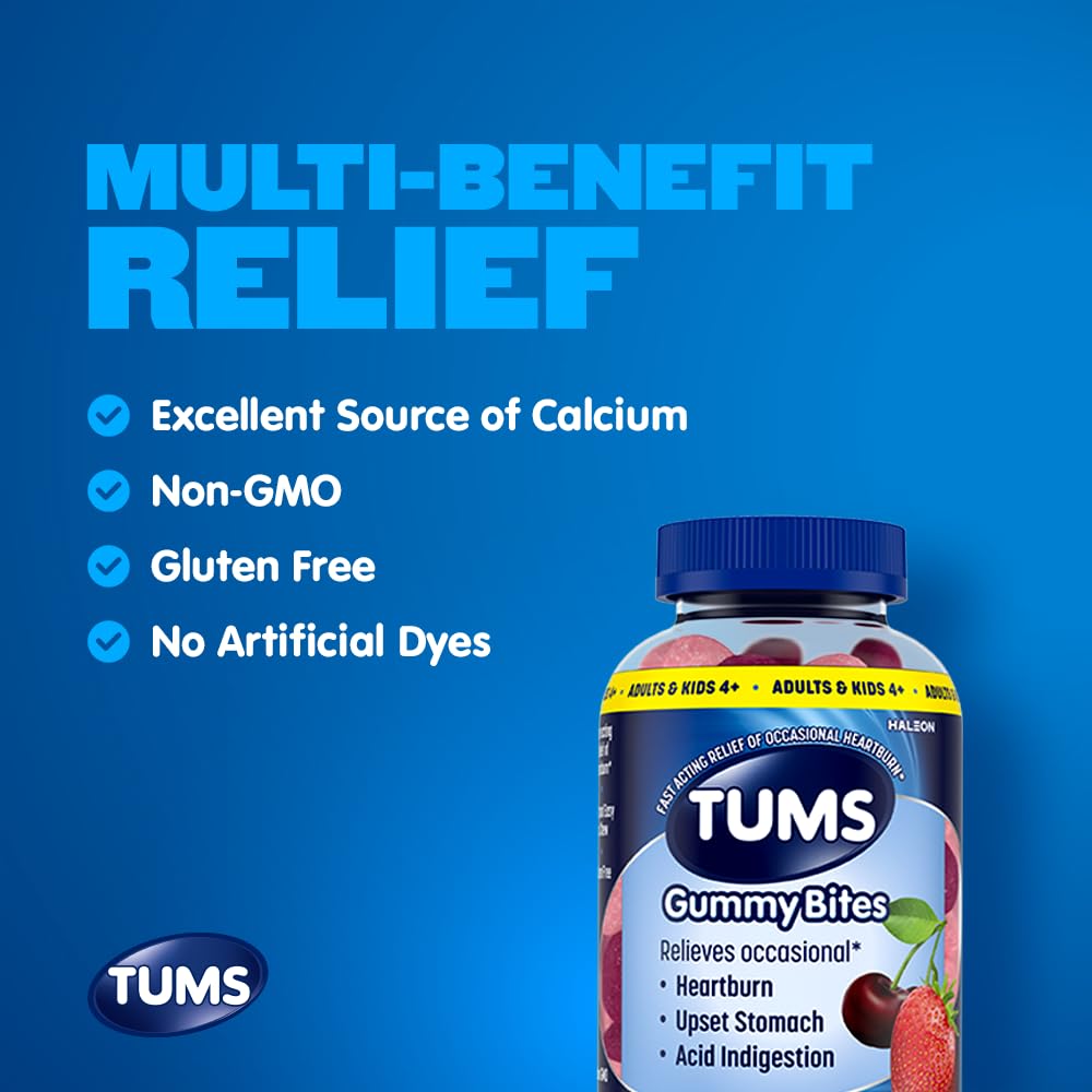 TUMS Gummy Bites Dietary Supplement for Occasional Heartburn Relief, Upset Stomach and Acid Indigestion, Cherry Berry Burst - 108 Count - Maple Wellness Supplements