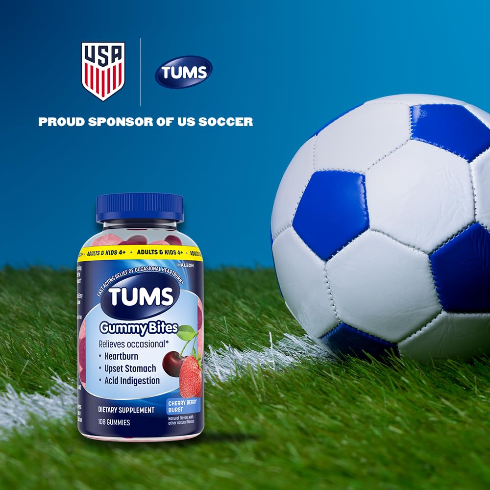 TUMS Gummy Bites Dietary Supplement for Occasional Heartburn Relief, Upset Stomach and Acid Indigestion, Cherry Berry Burst - 108 Count - Maple Wellness Supplements