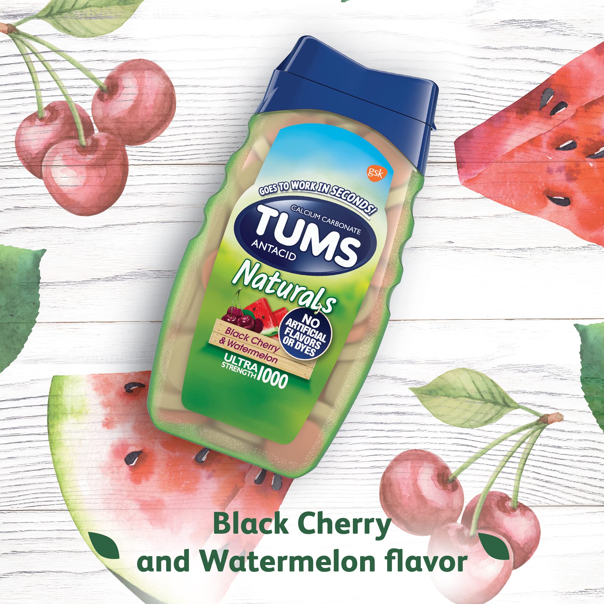 TUMS Naturals Ultra Strength Antacid Chews for Heartburn Relief, Great for a Summer BBQ - Black Cherry & Watermelon - 190 Count - Maple Wellness Supplements
