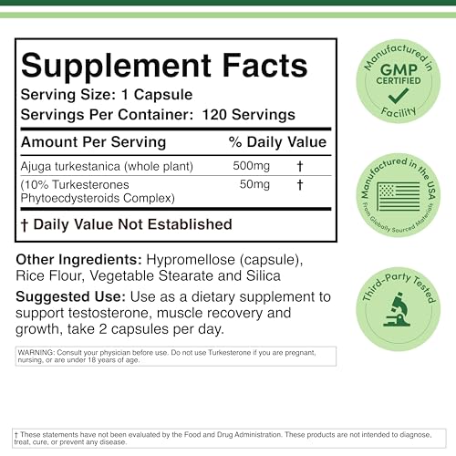 Turkesterone Supplement 500mg, 120 Capsules (Ajuga Turkestanica Extract Std. to 10% Turkesterone) Similar to Ecdysterone for Men's Health Support (Manufactured and Tested in the USA) by Double Wood - TrustMedUSA
