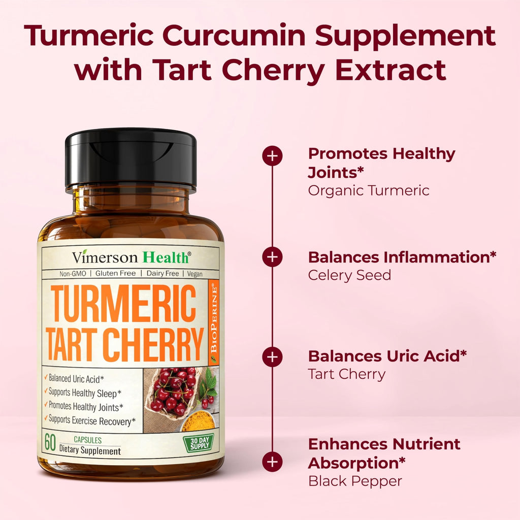 Turmeric Curcumin Supplement with 10:1 Tart Cherry Extract & Celery Seed Extract – Natural Uric Acid Balance, Joint Health & Sleep Aid – Turmeric Curcumin with Black Pepper – 60 Tart Cherry Capsules - TrustMedUSA