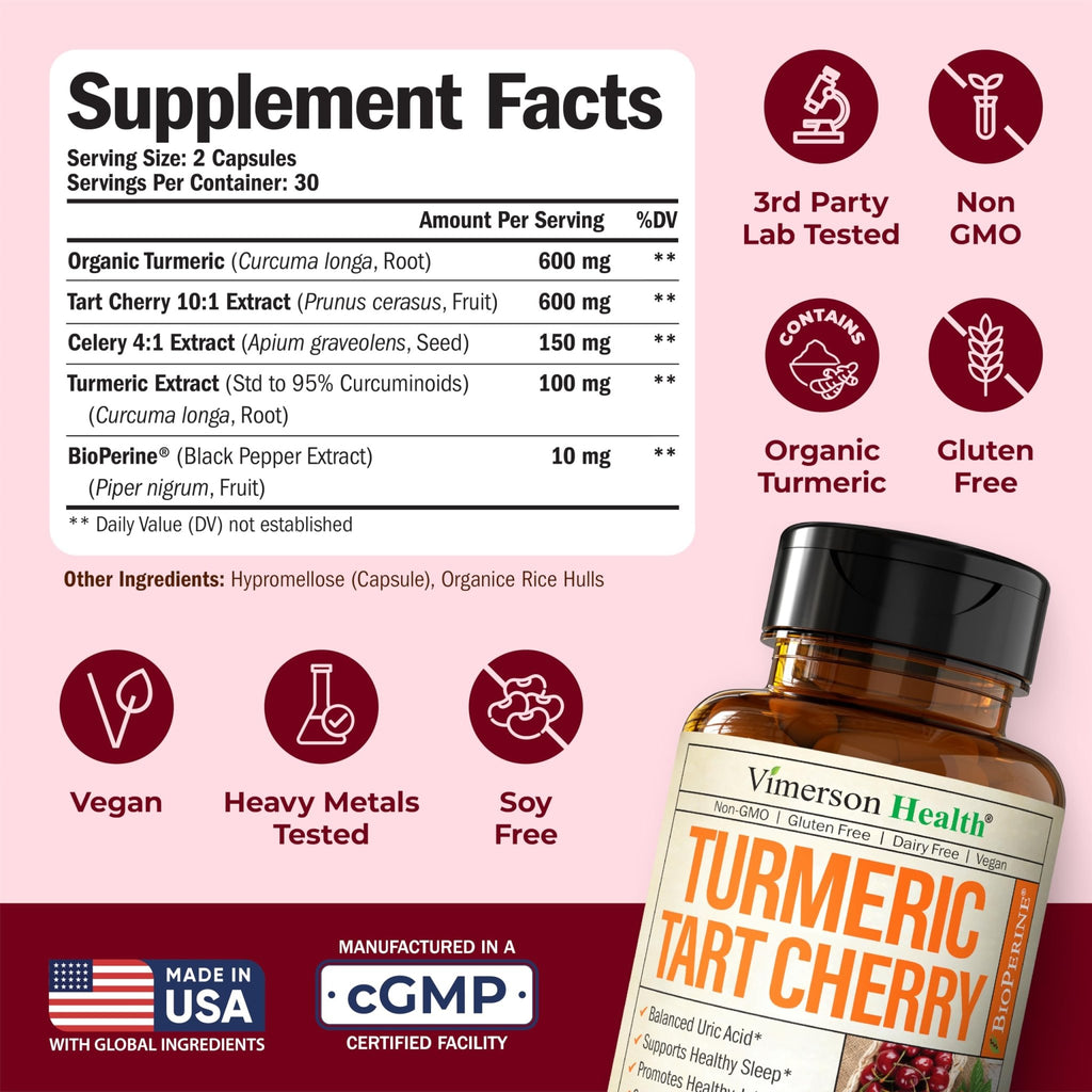 Turmeric Curcumin Supplement with 10:1 Tart Cherry Extract & Celery Seed Extract – Natural Uric Acid Balance, Joint Health & Sleep Aid – Turmeric Curcumin with Black Pepper – 60 Tart Cherry Capsules - TrustMedUSA