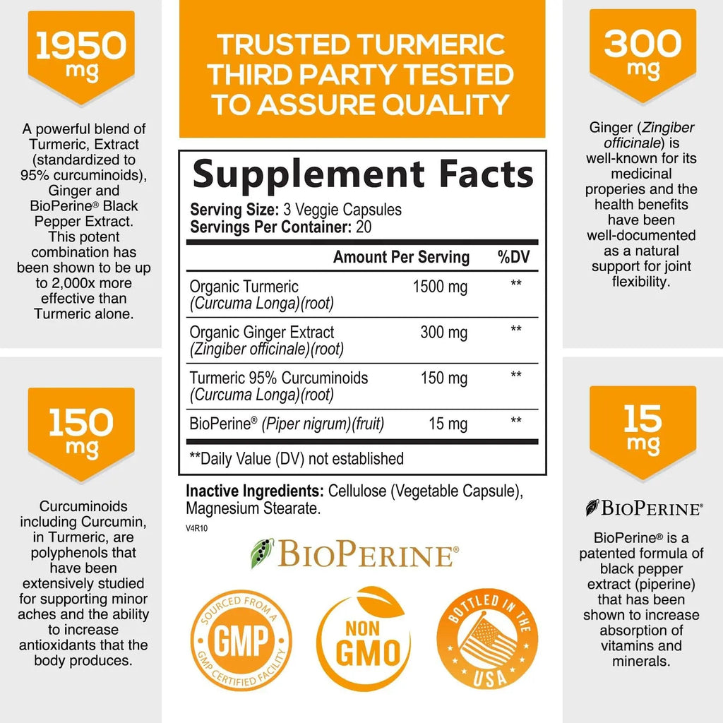 Turmeric Curcumin with BioPerine & Ginger 95% Standardized Curcuminoids - TrustMedUSA