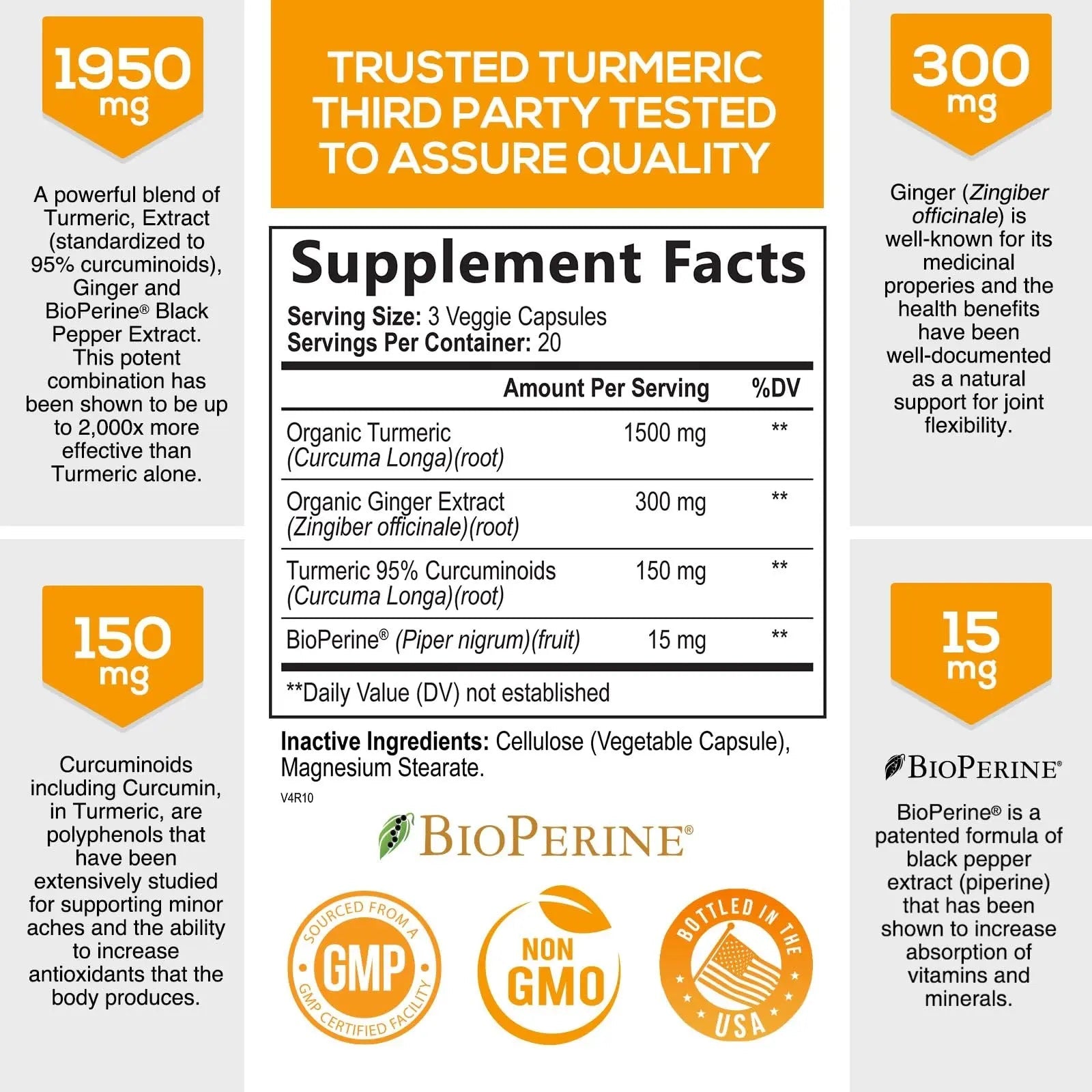 Turmeric Curcumin with BioPerine & Ginger 95% Standardized Curcuminoids - TrustMedUSA