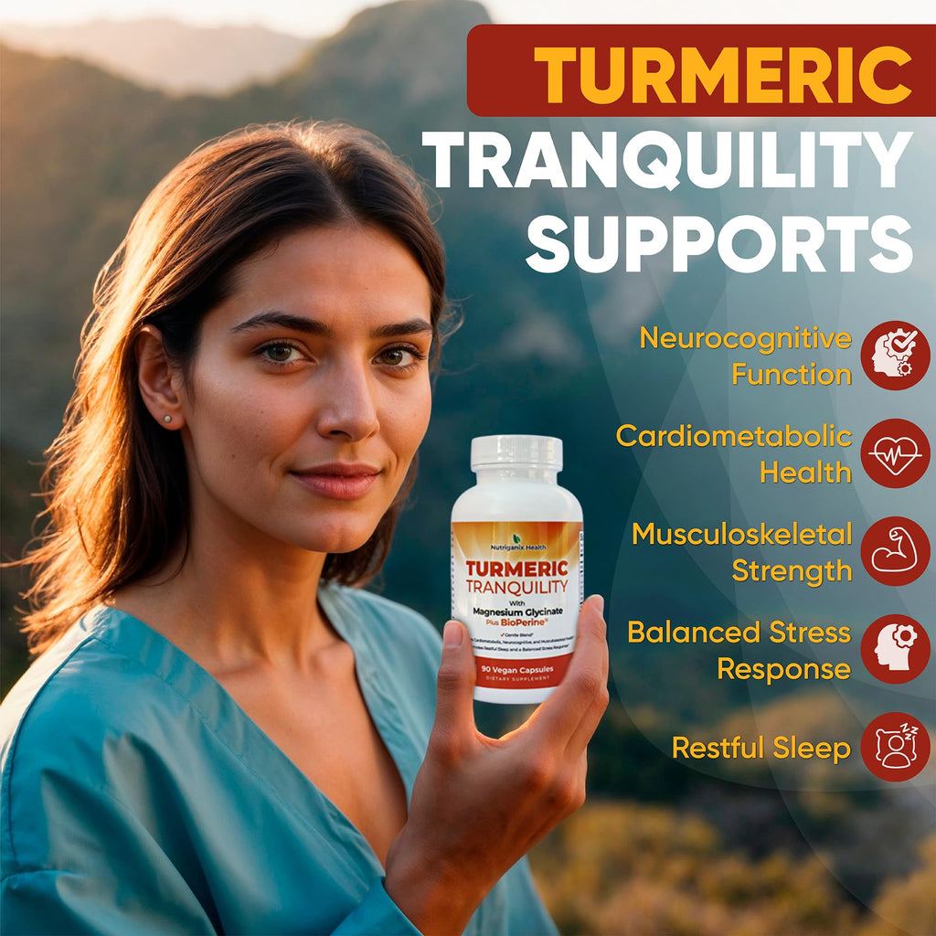 Turmeric Tranquility Turmeric Curcumin & Magnesium Glycinate with BioPerine – Support for Stress Relief, Sleep, Heart Health, Muscles, Metabolism, and Joint Health* - High Absorption - 90 Capsules (1) - TrustMedUSA