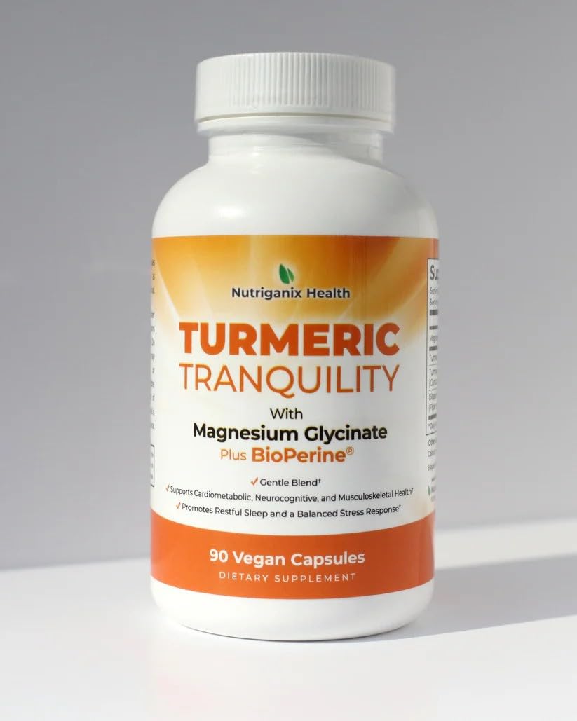 Turmeric Tranquility Turmeric Curcumin & Magnesium Glycinate with BioPerine – Support for Stress Relief, Sleep, Heart Health, Muscles, Metabolism, and Joint Health* - High Absorption - 90 Capsules (1) - TrustMedUSA