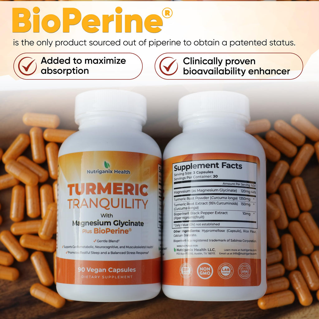Turmeric Tranquility Turmeric Curcumin & Magnesium Glycinate with BioPerine – Support for Stress Relief, Sleep, Heart Health, Muscles, Metabolism, and Joint Health* - High Absorption - 90 Capsules (1) - TrustMedUSA