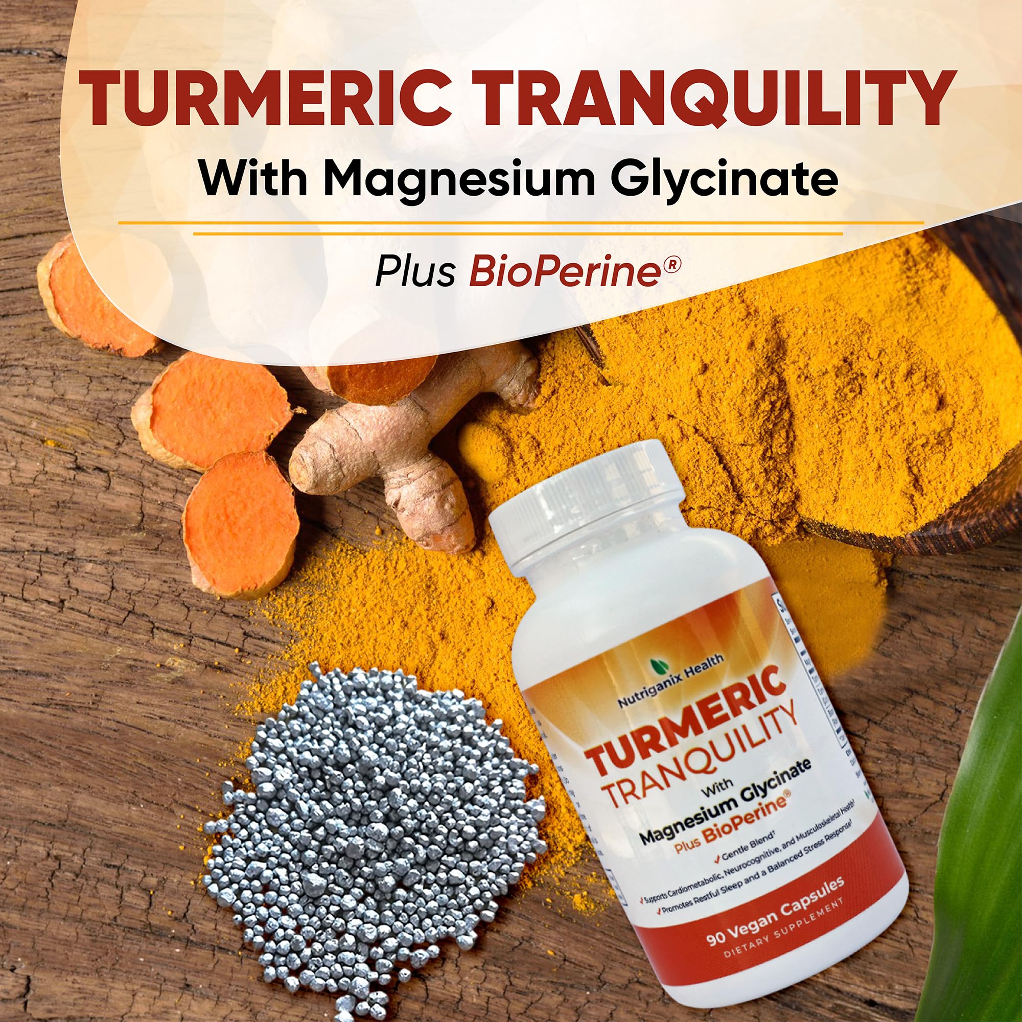 Turmeric Tranquility Turmeric Curcumin & Magnesium Glycinate with BioPerine – Support for Stress Relief, Sleep, Heart Health, Muscles, Metabolism, and Joint Health* - High Absorption - 90 Capsules (1) - TrustMedUSA
