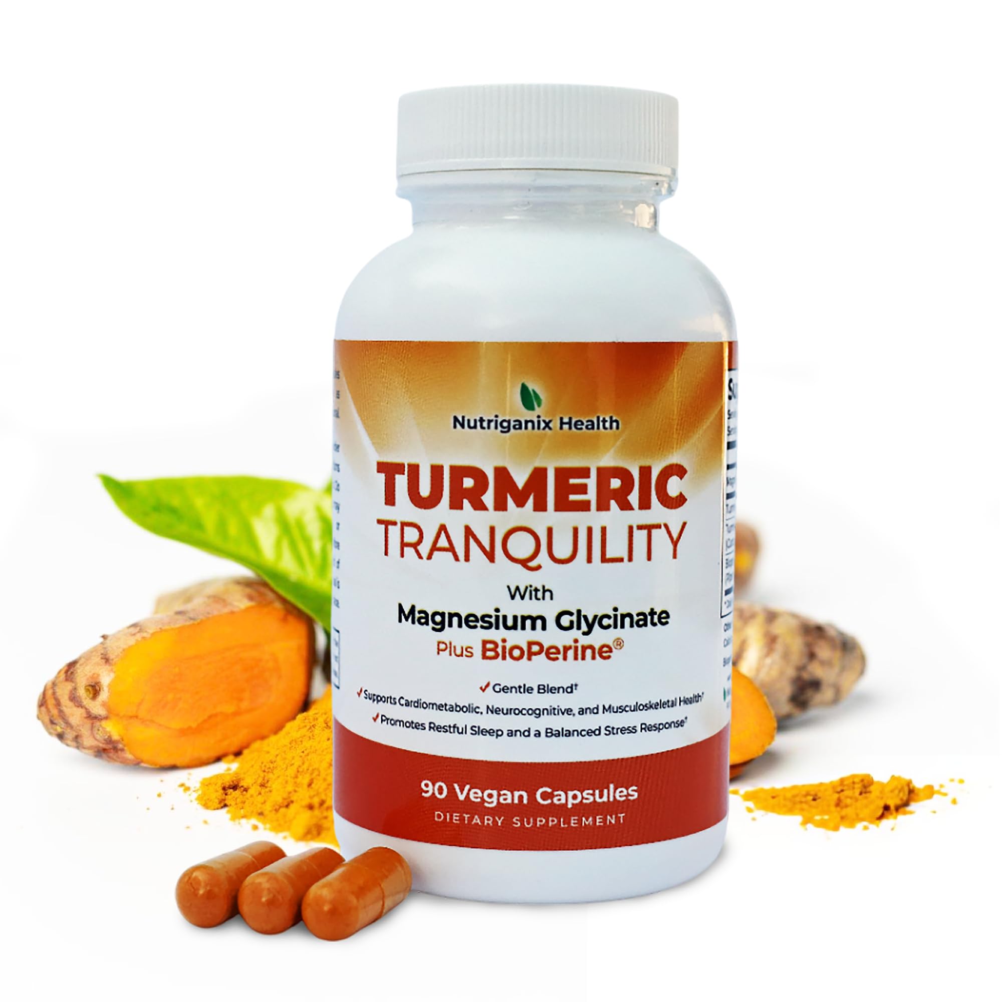 Turmeric Tranquility Turmeric Curcumin & Magnesium Glycinate with BioPerine – Support for Stress Relief, Sleep, Heart Health, Muscles, Metabolism, and Joint Health* - High Absorption - 90 Capsules (1) - TrustMedUSA