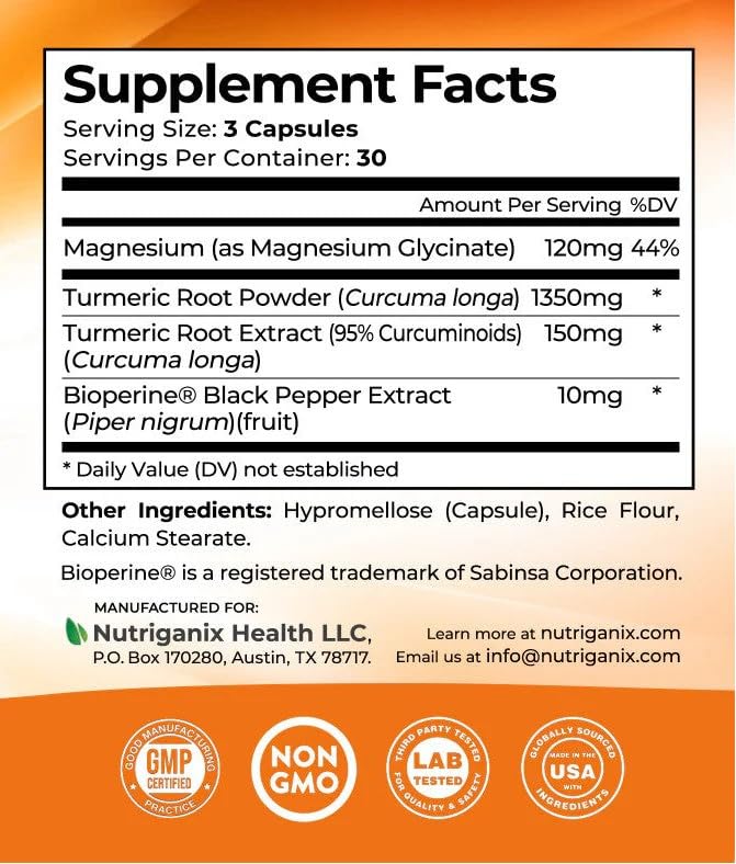 Turmeric Tranquility Turmeric Curcumin & Magnesium Glycinate with BioPerine – Support for Stress Relief, Sleep, Heart Health, Muscles, Metabolism, and Joint Health* - High Absorption - 90 Capsules (1) - TrustMedUSA