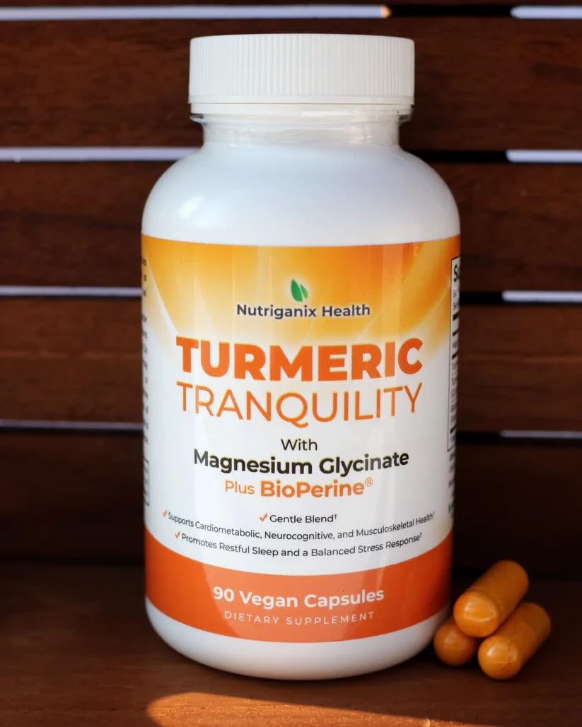 Turmeric Tranquility Turmeric Curcumin & Magnesium Glycinate with BioPerine – Support for Stress Relief, Sleep, Heart Health, Muscles, Metabolism, and Joint Health* - High Absorption - 90 Capsules (1) - TrustMedUSA