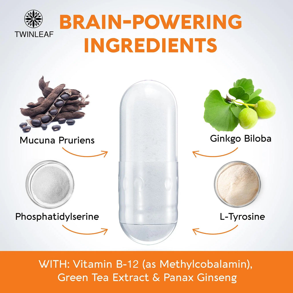 TWINLEAF Dopamine Brain Support Supplement, 1000 mg Blend - Made in USA - with DMAE, Vitamin B12 and L-Tyrosine - TrustMedUSA