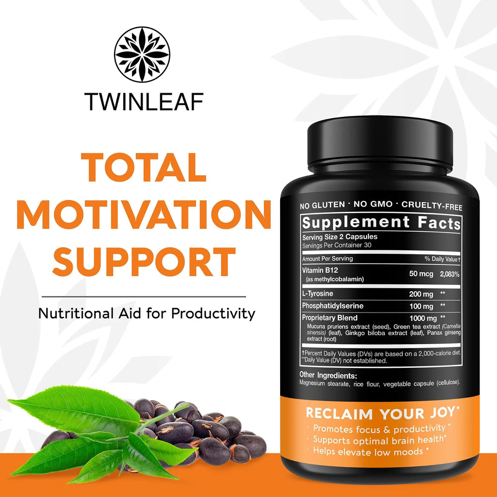 TWINLEAF Dopamine Brain Support Supplement, 1000 mg Blend - Made in USA - with DMAE, Vitamin B12 and L-Tyrosine - TrustMedUSA