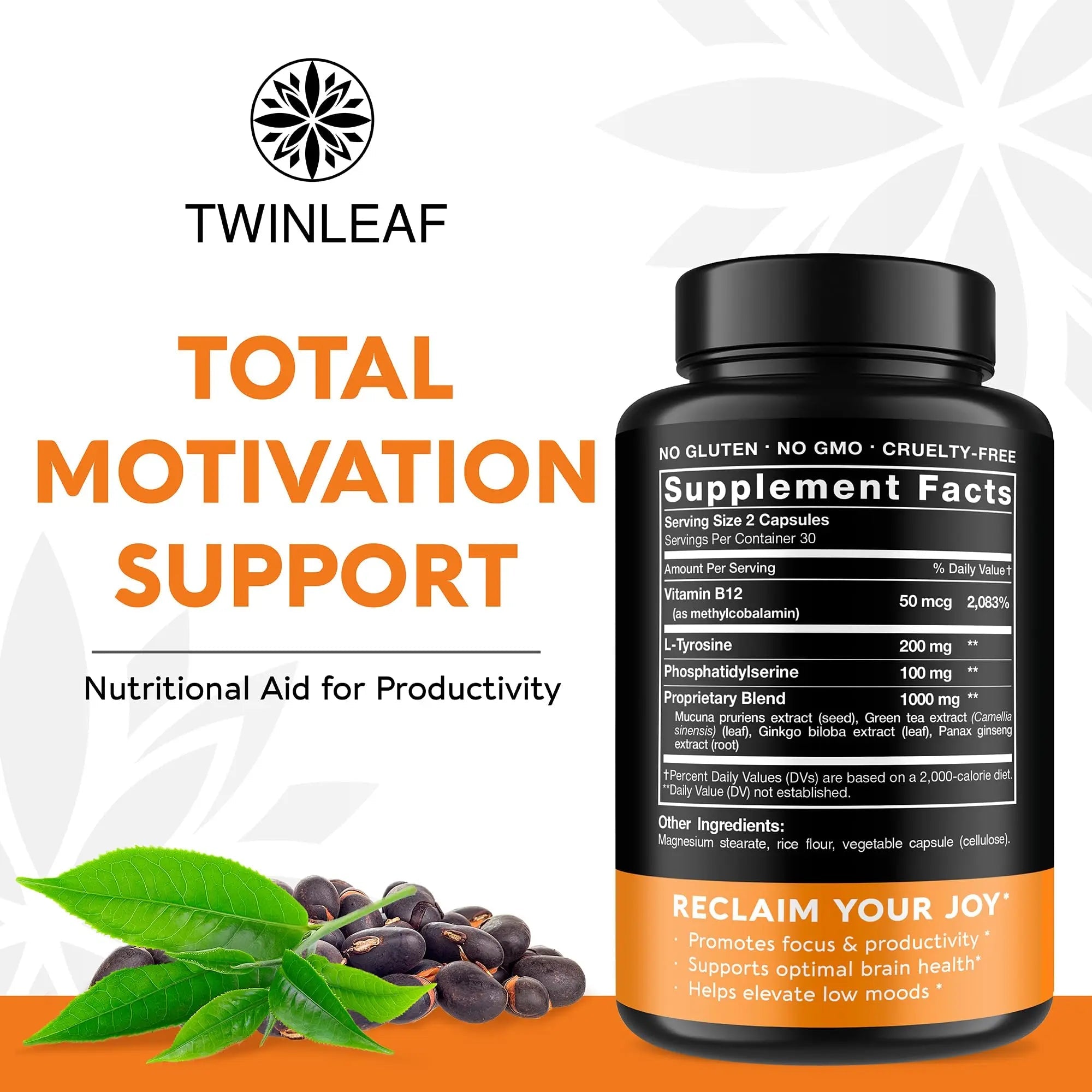 TWINLEAF Dopamine Brain Support Supplement, 1000 mg Blend - Made in USA - with DMAE, Vitamin B12 and L-Tyrosine - TrustMedUSA