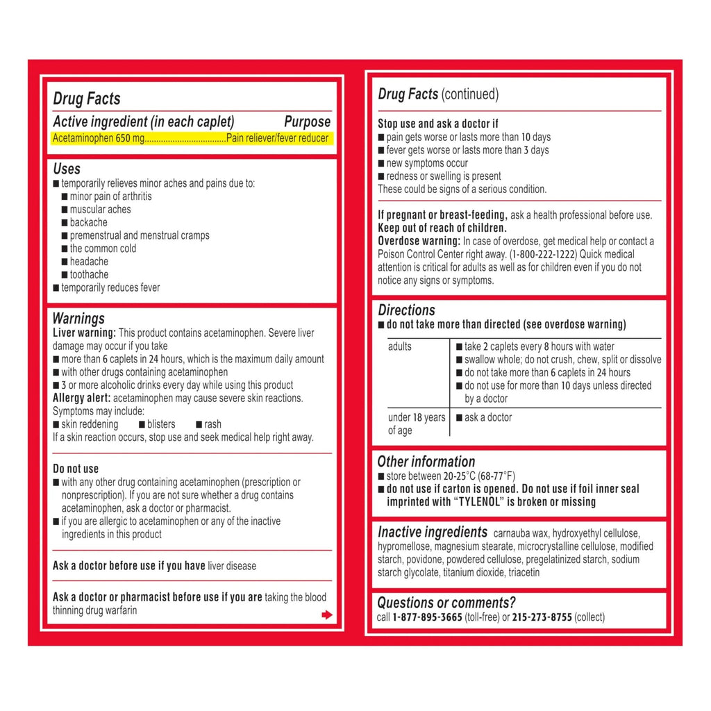 Tylenol Acetaminophen 650 mg Extended Release Caplets, Fast, Strong Pain Relief, 8 Hour Arthritis Pain Relief, Joint Pain Reliever & Fever Reducer, Long-Lasting Relief, Oral Medicine, 225 Count - TrustMedUSA