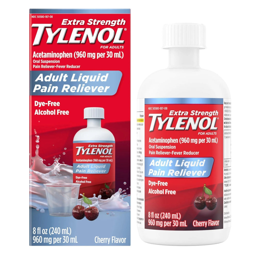 Tylenol Adult Liquid Pain Reliever and Fever Reducer, Extra Strength Liquid Acetaminophen for Fast Pain Relief for Headaches & Other Minor Pain, Cherry Flavor, Dye & Alcohol Free, 8 fl. oz - TrustMedUSA