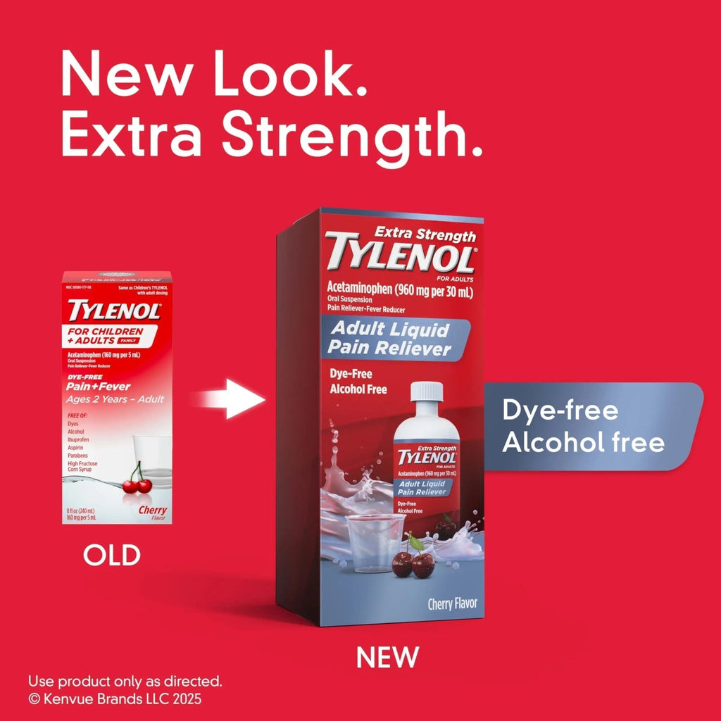 Tylenol Adult Liquid Pain Reliever and Fever Reducer, Extra Strength Liquid Acetaminophen for Fast Pain Relief for Headaches & Other Minor Pain, Cherry Flavor, Dye & Alcohol Free, 8 fl. oz - TrustMedUSA