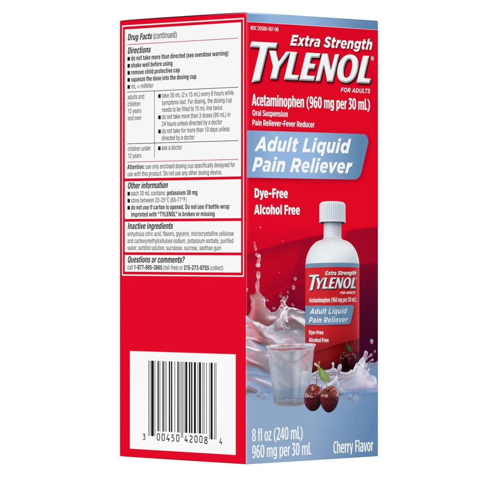 Tylenol Adult Liquid Pain Reliever and Fever Reducer, Extra Strength Liquid Acetaminophen for Fast Pain Relief for Headaches & Other Minor Pain, Cherry Flavor, Dye & Alcohol Free, 8 fl. oz - TrustMedUSA