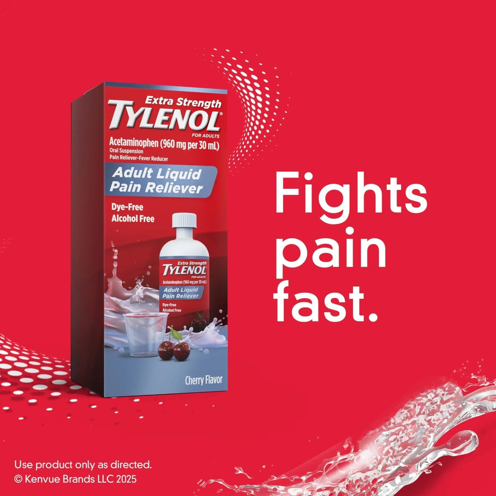 Tylenol Adult Liquid Pain Reliever and Fever Reducer, Extra Strength Liquid Acetaminophen for Fast Pain Relief for Headaches & Other Minor Pain, Cherry Flavor, Dye & Alcohol Free, 8 fl. oz - TrustMedUSA