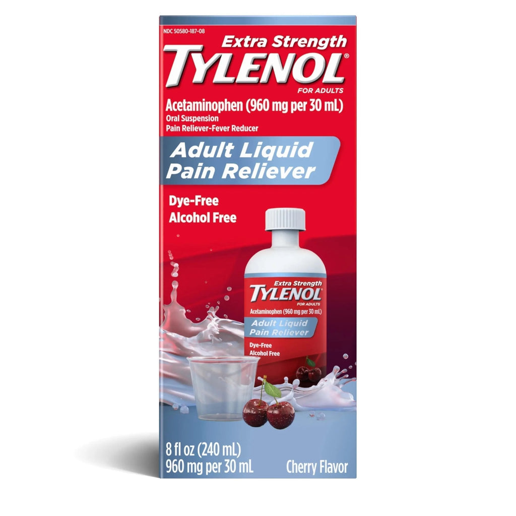 Tylenol Adult Liquid Pain Reliever and Fever Reducer, Extra Strength Liquid Acetaminophen for Fast Pain Relief for Headaches & Other Minor Pain, Cherry Flavor, Dye & Alcohol Free, 8 fl. oz - TrustMedUSA