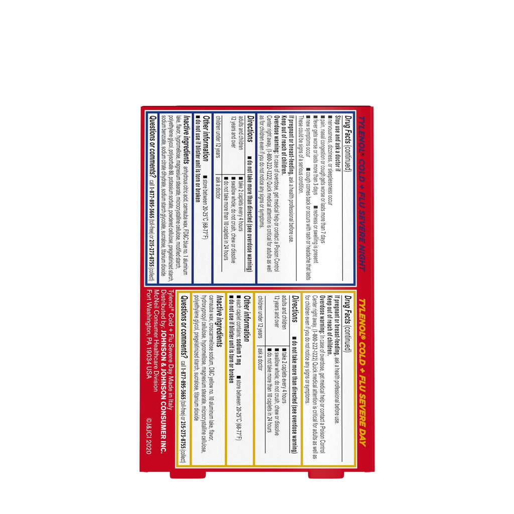Tylenol Cold + Flu Severe Day & Night Caplets Combo Pack for Multi-Symptom Cold & Flu Symptom Relief, Cough, Sore Throat, and Headache Relief, Acetaminophen Pain Reliever, 24 ct - Maple Wellness Supplements