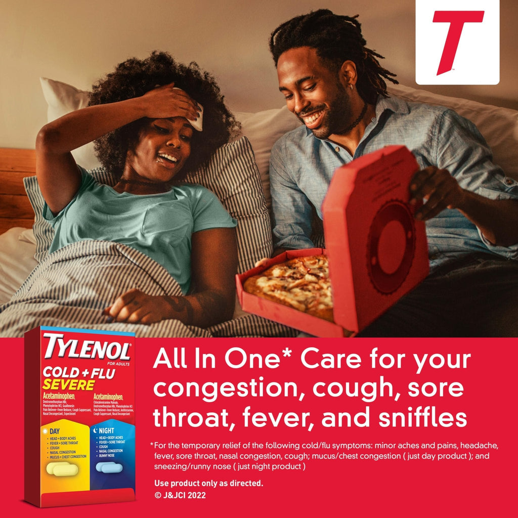 Tylenol Cold + Flu Severe Day & Night Caplets Combo Pack for Multi-Symptom Cold & Flu Symptom Relief, Cough, Sore Throat, and Headache Relief, Acetaminophen Pain Reliever, 24 ct - Maple Wellness Supplements