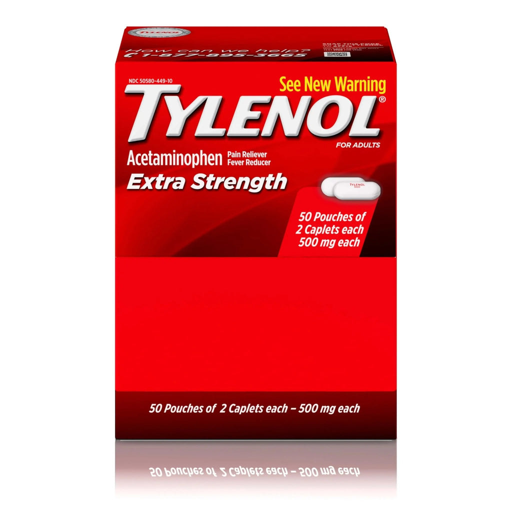 Tylenol Extra Strength Acetaminophen Caplets, 500 mg, Pain Relief & Fever Reducer for Headache, Backache, Toothache, Menstrual Cramps & Pain, Travel-Friendly Packaging, 2-Caplet Pouches, 50 Count - TrustMedUSA
