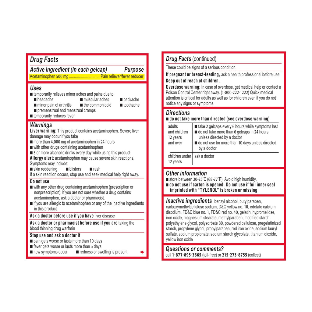 Tylenol Extra Strength Acetaminophen Rapid Release Gels, Fast, Strong Pain Relief, Fever Reducer, 500 mg Gelcaps with Laser‑Drilled Holes for Fast Release, OTC Medicine, 100 Count - Maple Wellness Supplements