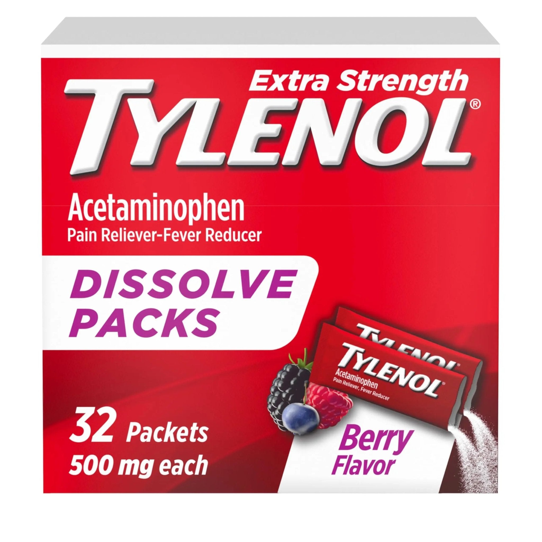 Tylenol Extra Strength Dissolve Powder Packs, 500 mg Acetaminophen Pain Reliever & Fever Reducer Medicine, Fast Relief for Minor Aches & Pains, Ibuprofen- & Aspirin-Free, On-the-Go Berry Flavor, 32 Ct - TrustMedUSA