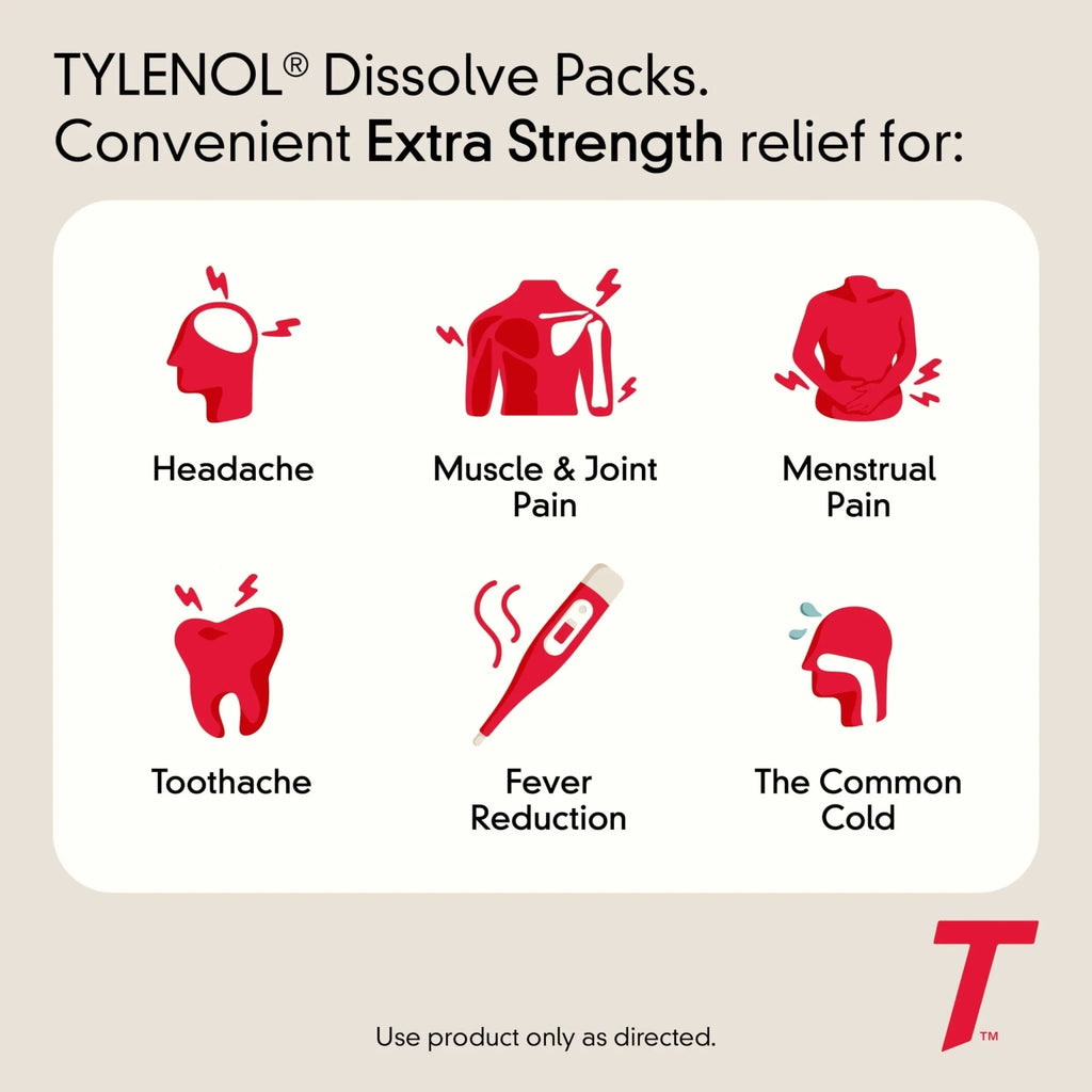 Tylenol Extra Strength Dissolve Powder Packs, 500 mg Acetaminophen Pain Reliever & Fever Reducer Medicine, Fast Relief for Minor Aches & Pains, Ibuprofen- & Aspirin-Free, On-the-Go Berry Flavor, 32 Ct - TrustMedUSA