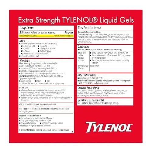 Tylenol Extra Strength Liquid Gels, Fast, Strong Pain Relief, Fever Reducer for Adults with 500 mg Acetaminophen, Fast-Acting Liquid Gel Capsules for Headaches & Minor Pain Relief, 75 Count - TrustMedUSA