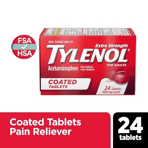 Tylenol Extra Strength Pain Reliever & Fever Reducer, Round Coated Tablets, 500 mg Acetaminophen Pain Relief Pills for Headache, Toothache & Minor Arthritis Pain, 24 ct - TrustMedUSA
