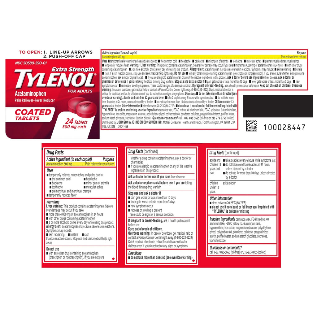 Tylenol Extra Strength Pain Reliever & Fever Reducer, Round Coated Tablets, 500 mg Acetaminophen Pain Relief Pills for Headache, Toothache & Minor Arthritis Pain, 24 ct - TrustMedUSA