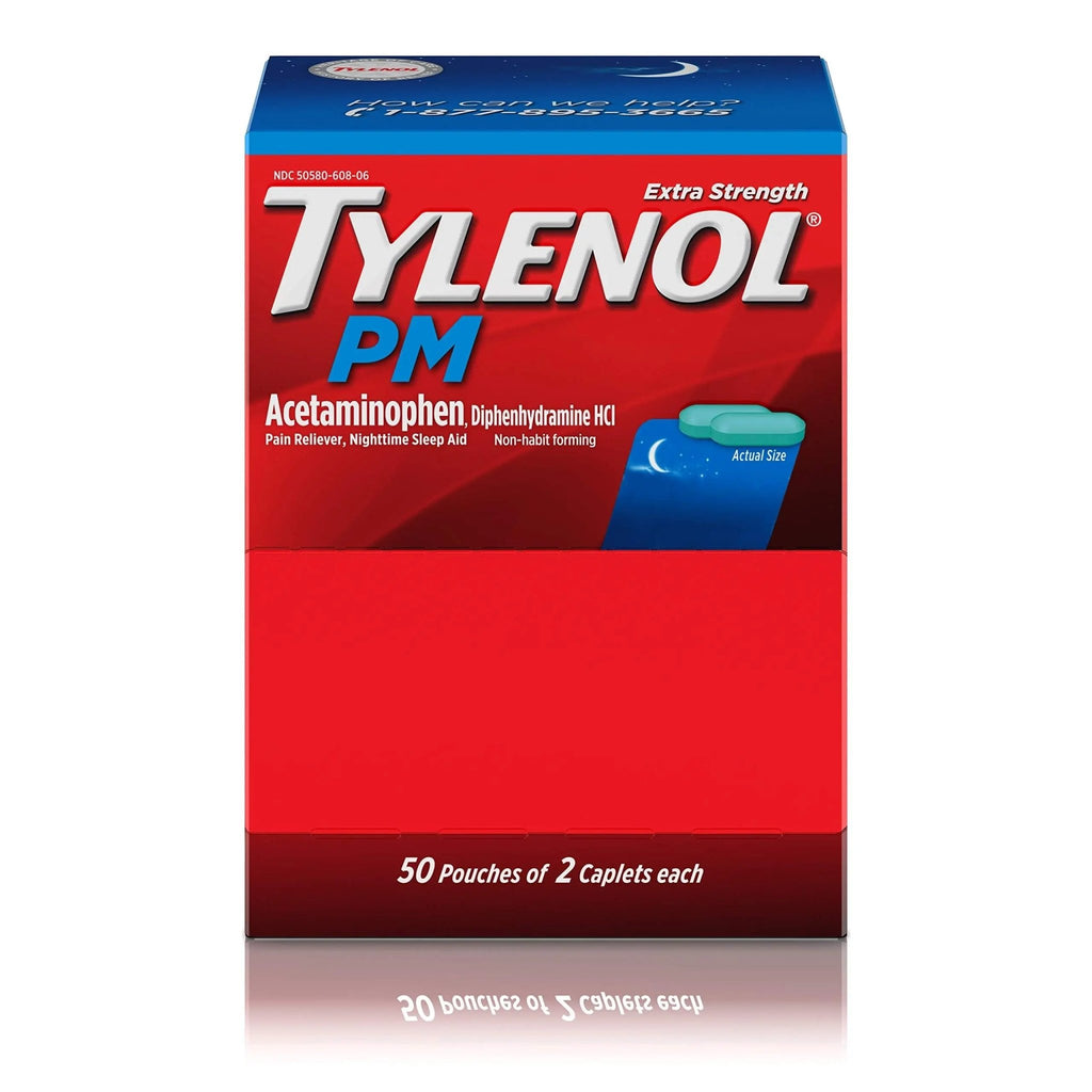 Tylenol PM Extra Strength, 50 Pouches of 2 Caplets, Dispenser Box (Pack of 2) - TrustMedUSA