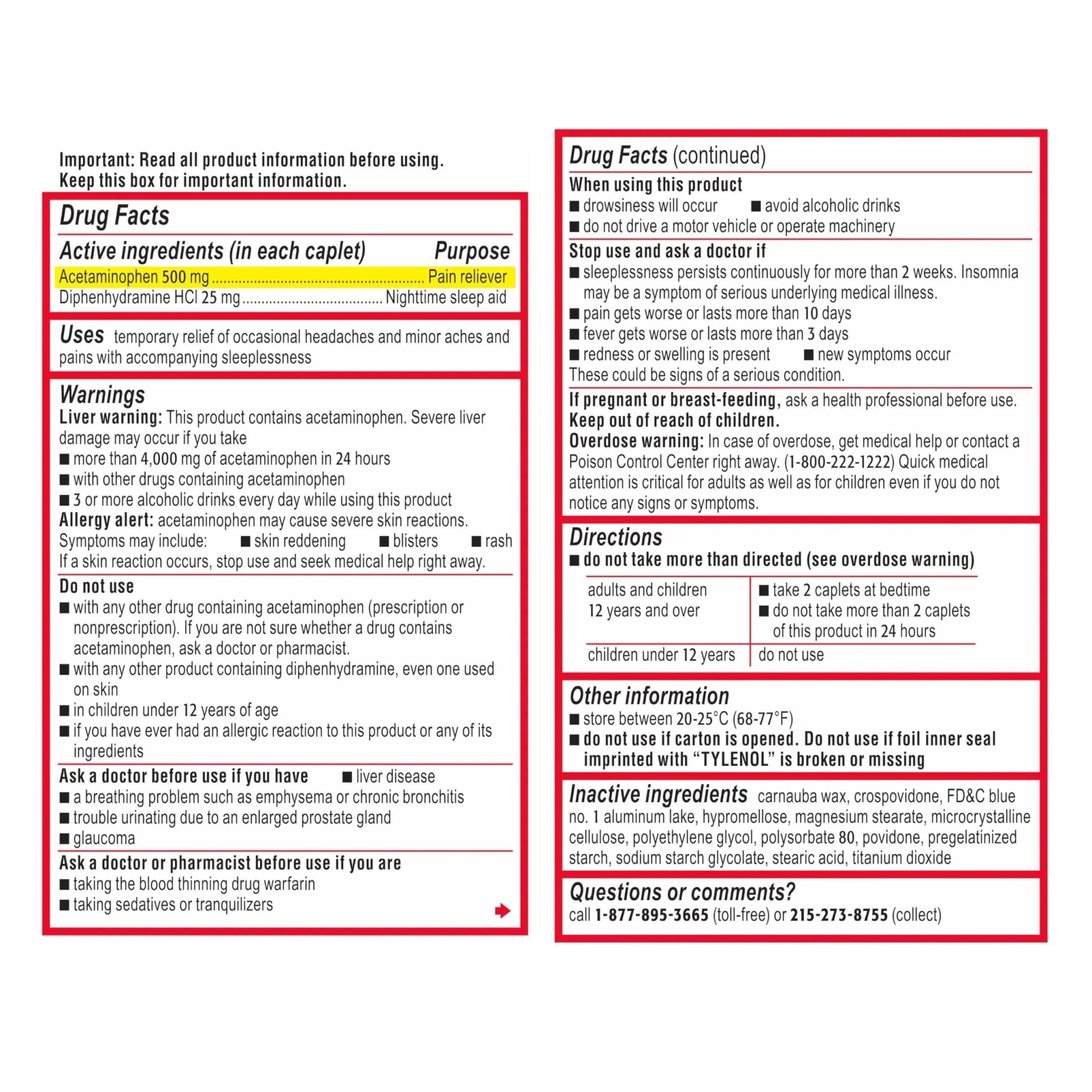 Tylenol PM Extra Strength Nighttime Pain Reliever & Sleep Aid Caplets, Fast, Strong Pain Relief, 500 mg Acetaminophen & 25 mg Diphenhydramine HCl, Non-Habit Forming Medicine for Aches & Cramps, 100 Ct - TrustMedUSA