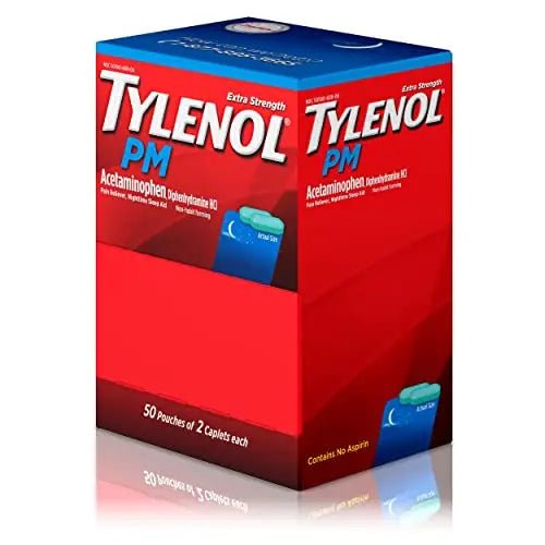 Tylenol PM Extra Strength Nighttime Pain Reliever Sleep Aid Caplets with Acetaminophen & Diphenhydramine HCl, Relief for Nighttime Aches & Pains, Travel Size, 50 Packs of 2 Caplets - TrustMedUSA