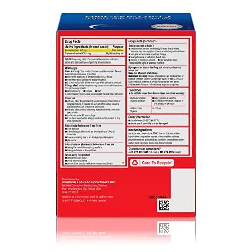 Tylenol PM Extra Strength Nighttime Pain Reliever Sleep Aid Caplets with Acetaminophen & Diphenhydramine HCl, Relief for Nighttime Aches & Pains, Travel Size, 50 Packs of 2 Caplets - TrustMedUSA