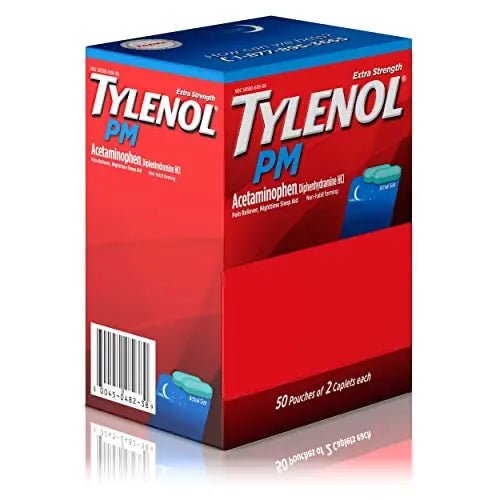Tylenol PM Extra Strength Nighttime Pain Reliever Sleep Aid Caplets with Acetaminophen & Diphenhydramine HCl, Relief for Nighttime Aches & Pains, Travel Size, 50 Packs of 2 Caplets - TrustMedUSA